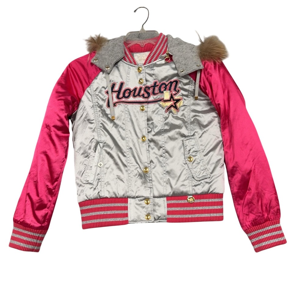 Houston Astros Jacket Womens Small Pink MLB Baseball Hooded Faux Fur Bomber
